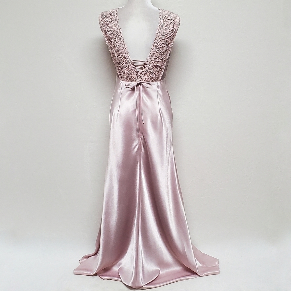 VINTAGE 90s 1001 Nights Blush Pink Satin Crochet Panel Lace-up Back Maxi Dress 6 - Picture 11 of 16